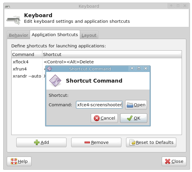 XFCE-settings of the Keyboard - Shortcuts