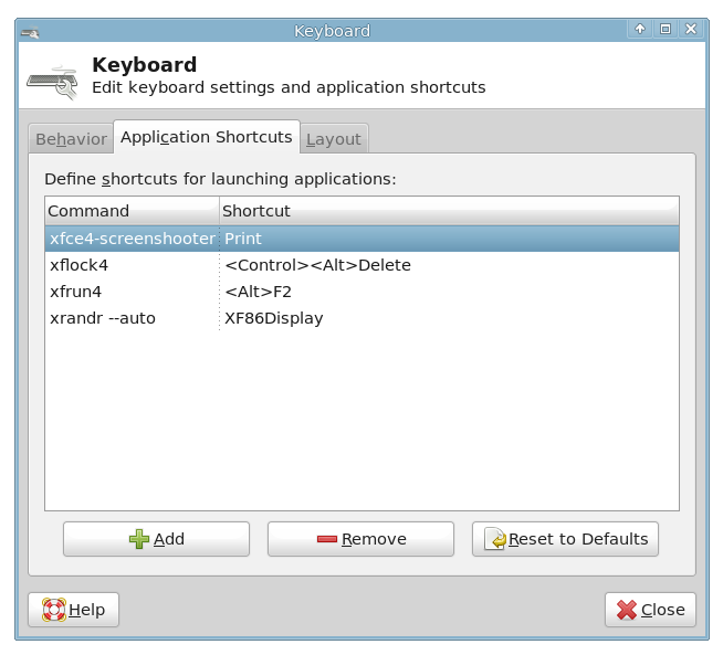 XFCE-settings of the keyboard - Add shortcut