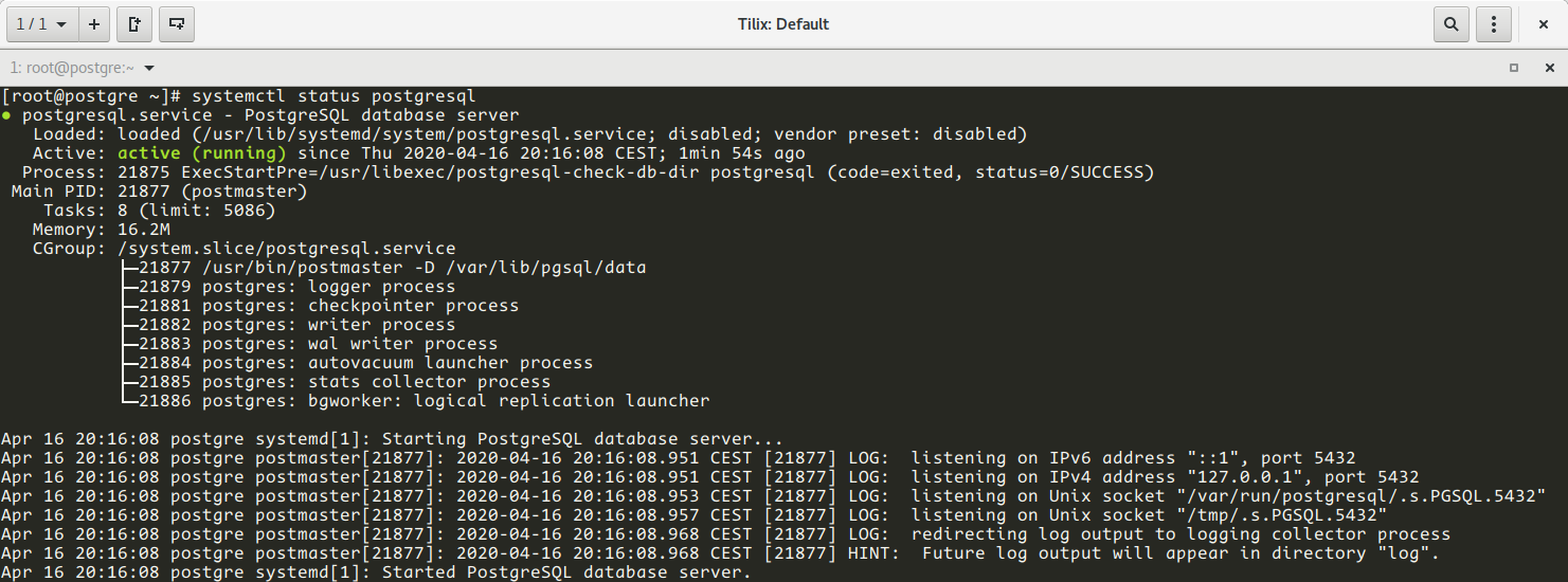 Estado del servicio postgresql